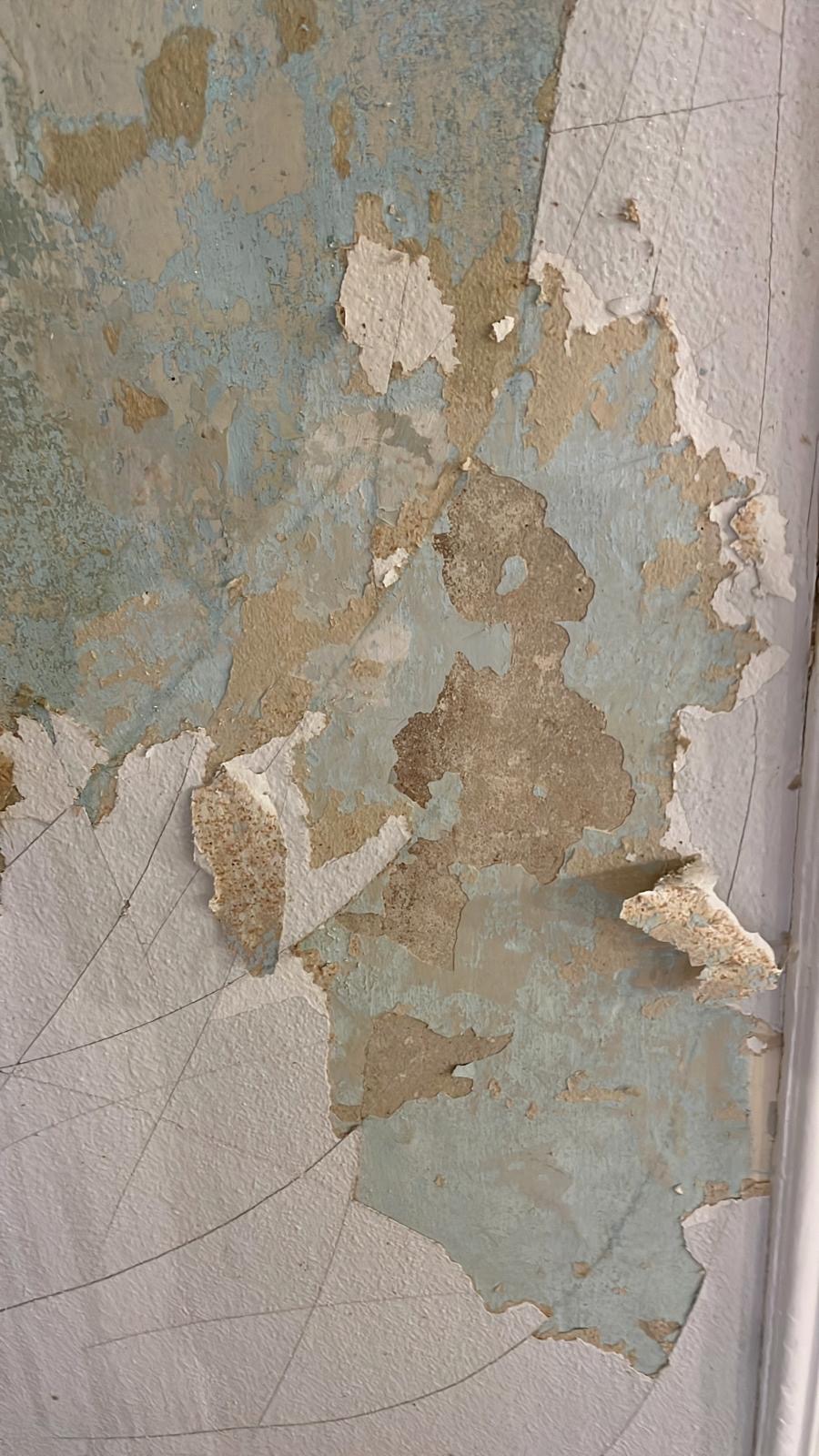 Beschädigte Altbauwand vor der Restaurierung, mit abblätternder Farbe und losem Putz